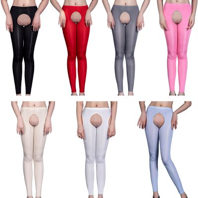 Women Oil Shiny Crotchless Leggings Hollow Compression Workout Yoga Skinny Pants